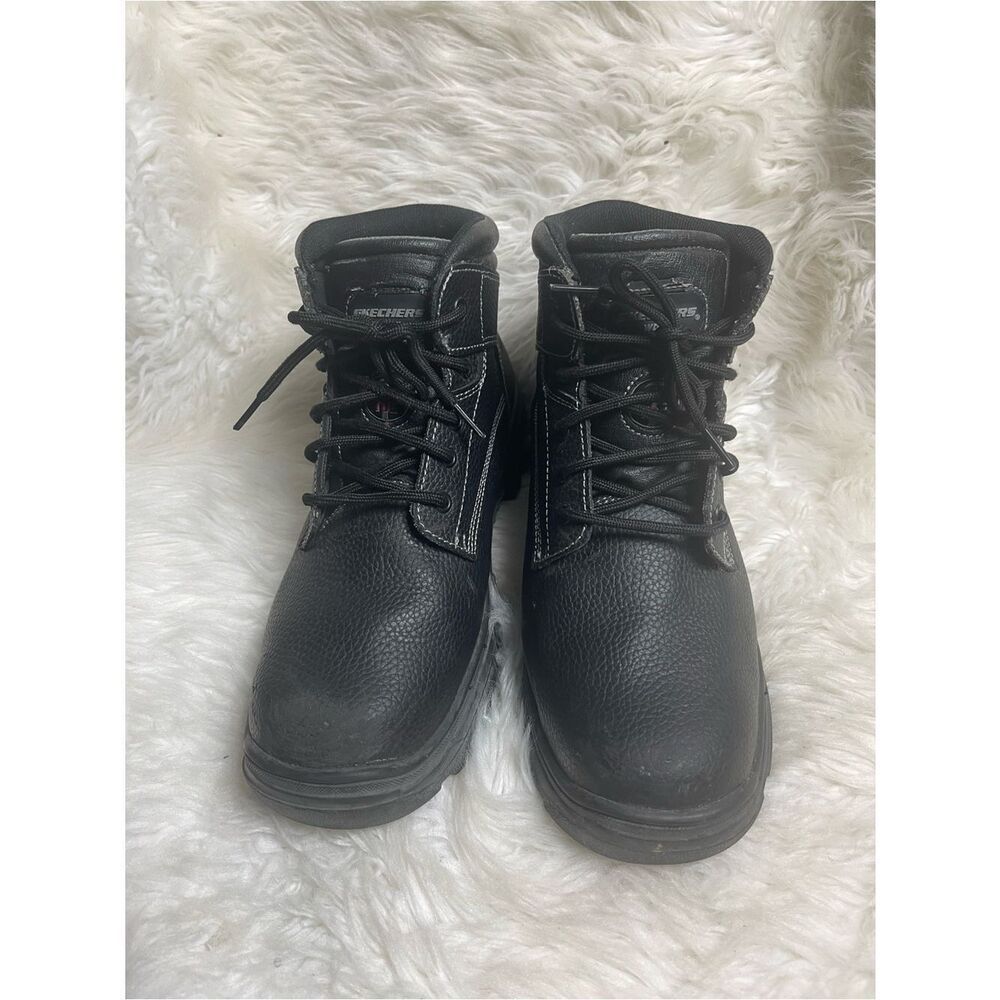 Skechers Men’s steel toe work leather Black Lace-Up Work Boots SZ 12